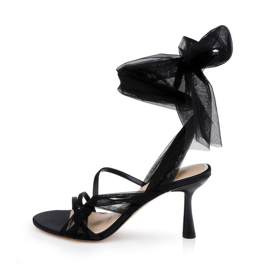 Elegant Satin Open Round Toe Chiffon Ankle-Tie Black Heels Sandals