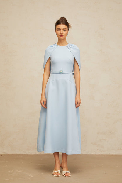 Lina blue shawl-panel embellished midi dress
