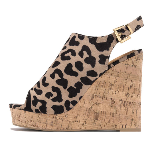 Beige Leopard Print Peep Toe Wedge Heel Sandals