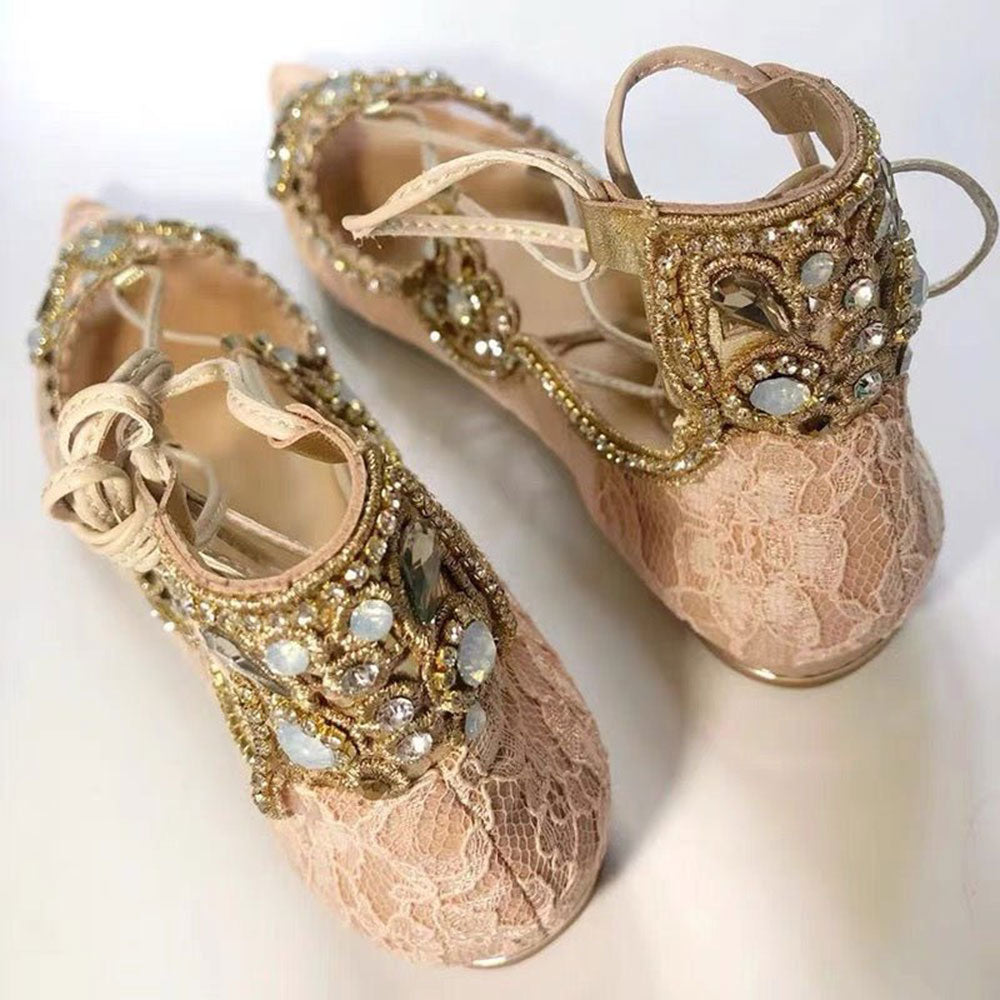 Elegant Nude Pointed Toe Rhinestone Lace-Up Flat Shoes for Women