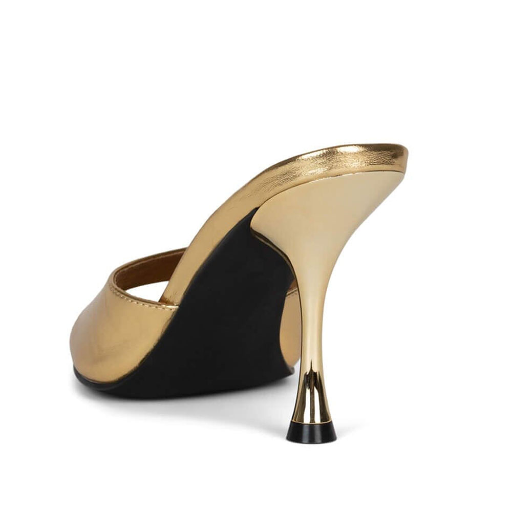 Dull Gold Metallic Round Toe 3'' Flared Heel Wide Band Mules