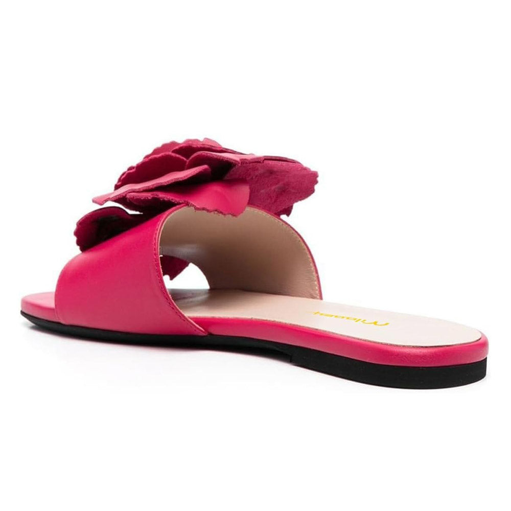 Elegant Fuchsia Round Toe Flower Flat Slip On Sandals for Women