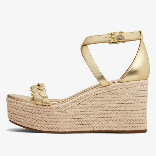 Gold  Sandals With Platform Ankle Strap Wedge Chunky Heels