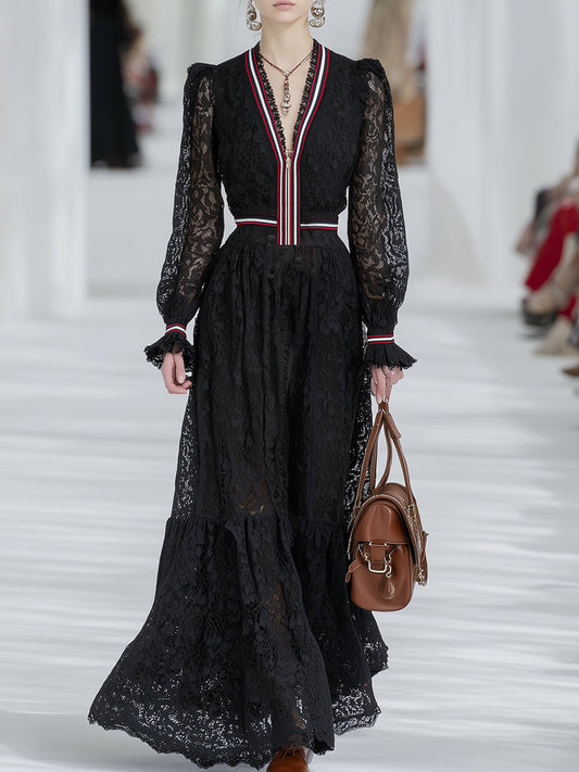 Elegant Retro Striped Black Lace Long-sleeved Maxi Dress