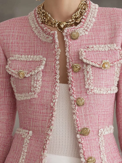 Designer Pink Tweed Patchwork White Trim Button Jacket