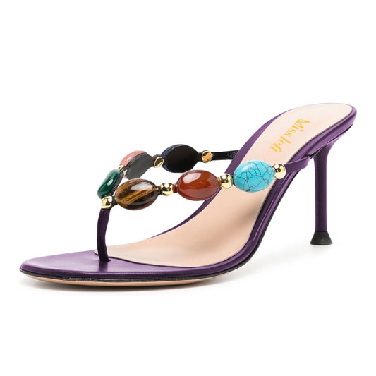 Dark Purple Round Toe High Heels Sandals with Colorful Jewels