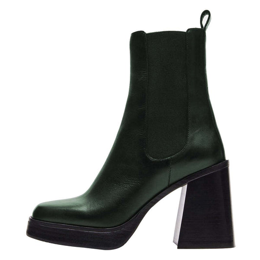 Dark Green Square Toe Chunky Heel Platform Chelsea Boots for Women