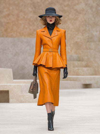 Fashionable And Exquisite Round Neck Ruffled Jacket And Skirt Orange Faux Leather Suit