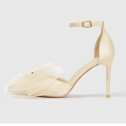 Beige Satin Pointed Toe 4'' Stiletto Heel Pumps with Lace Bow-Knot