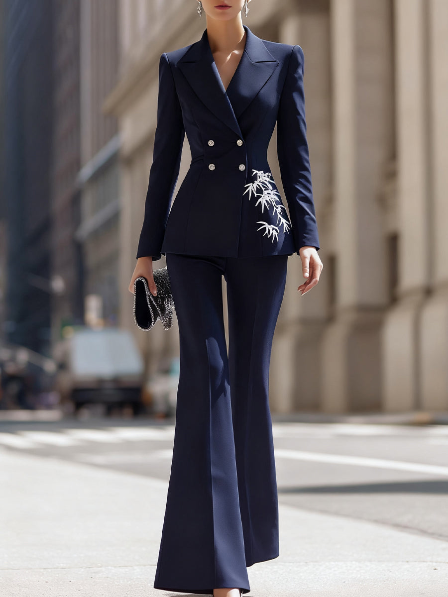 Elegant Navy Blue Embroidered Suit Set