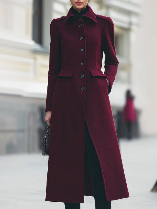Elegant Tailored Wool Long Coat – Deep Burgundy Sophistication