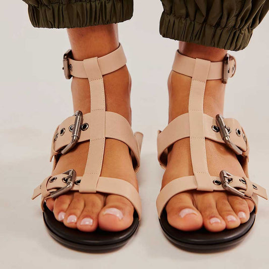Beige Open Toe Flat Buckle T-Strap Gladiator Sandals