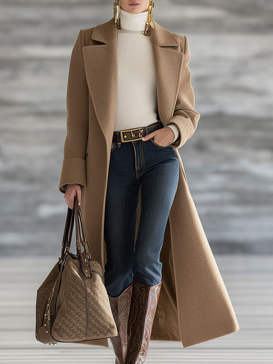 Fashion Retro Dark Khaki Woolen Long Coat With Large Lapel