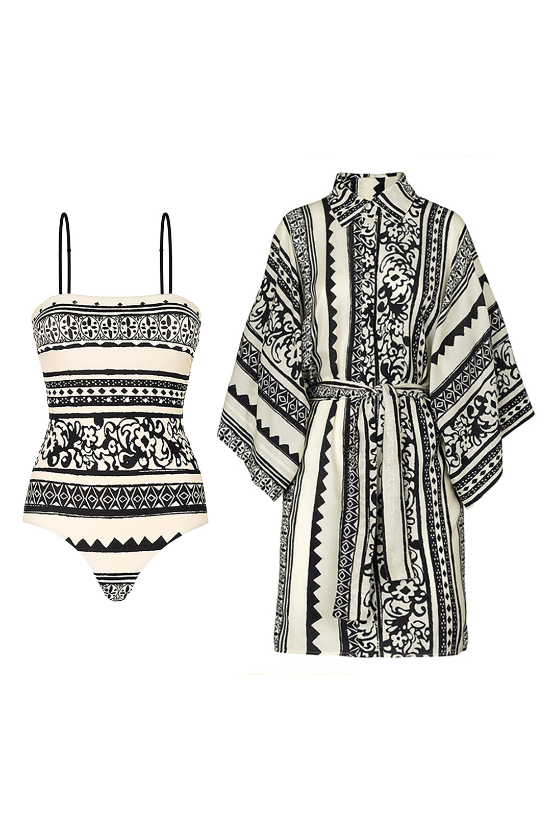 Ethnic Style Black White One-Piece Swimsuit Long Sleeve Cover-Up
