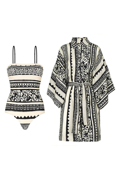 Ethnic Style Black White One-Piece Swimsuit Long Sleeve Cover-Up