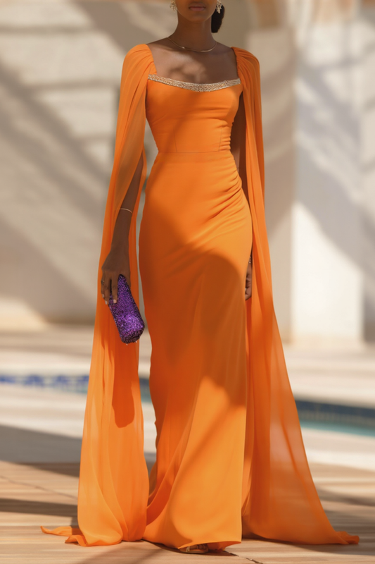 Evening Formal Cape Dress Orange Square Neck Colorblock Floor-Length Dress