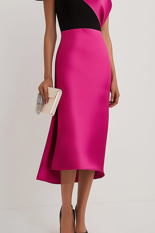 Formal Evening Pink Black One-Shoulder Dress Asymmetrical Ruffle Satin Dress