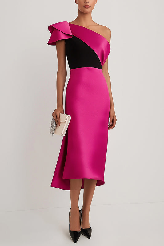 Formal Evening Pink Black One-Shoulder Dress Asymmetrical Ruffle Satin Dress