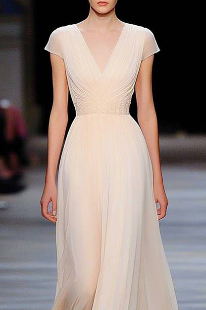 Evening Prom Beige Dress V-Neck Chiffon Pleated Floor-Length Dress
