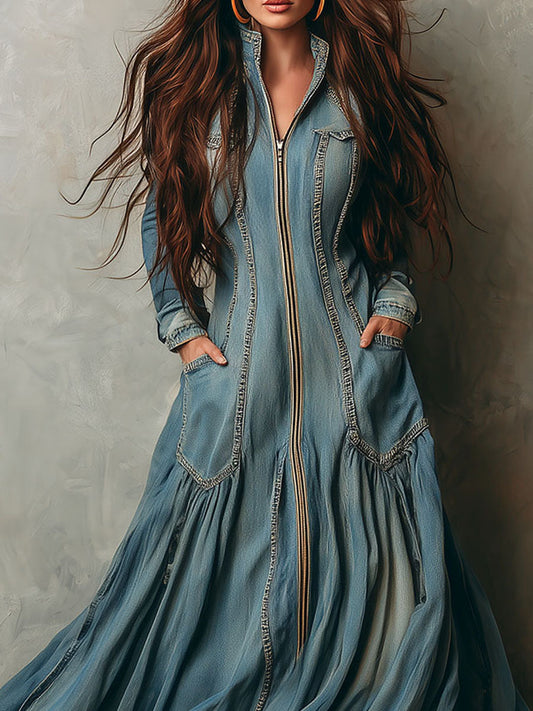 Elegant Light Blue Denim Flowing Tiered Skirt Maxi Dress