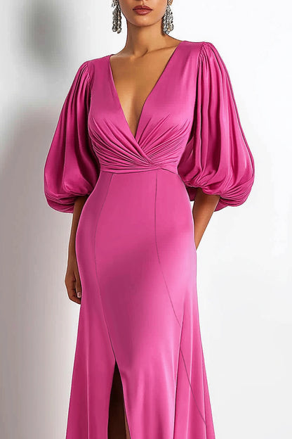 Formal Fuchsia Gown Deep V Bubble Sleeve Side Slit Floor-Length Dress