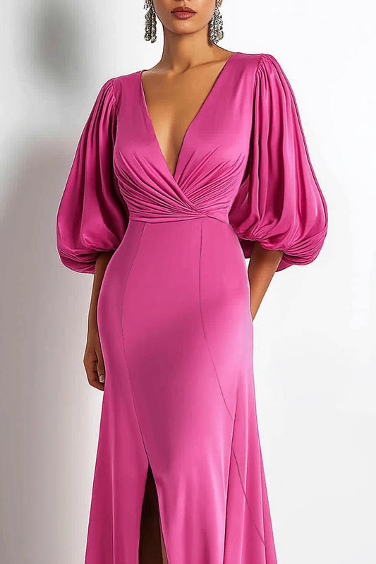 Formal Fuchsia Gown Deep V Bubble Sleeve Side Slit Floor-Length Dress