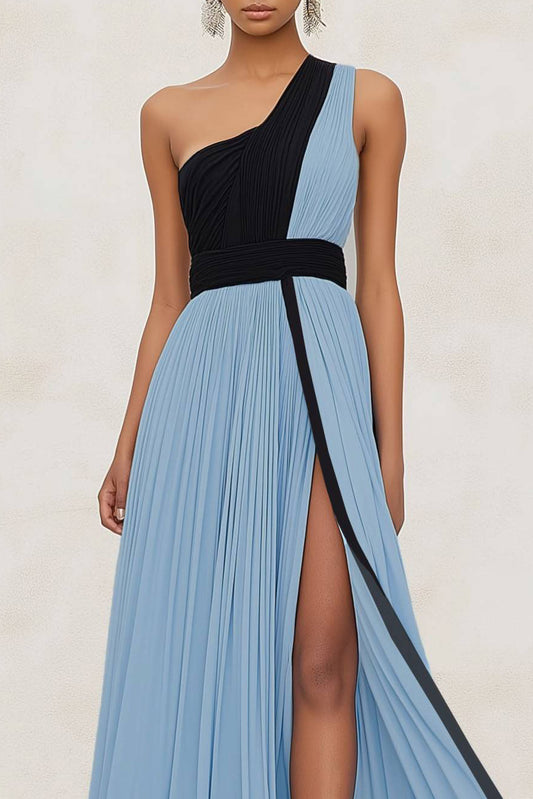 Evening Formal Dress Blue Black High Slit Pleated Floor-Length Dress