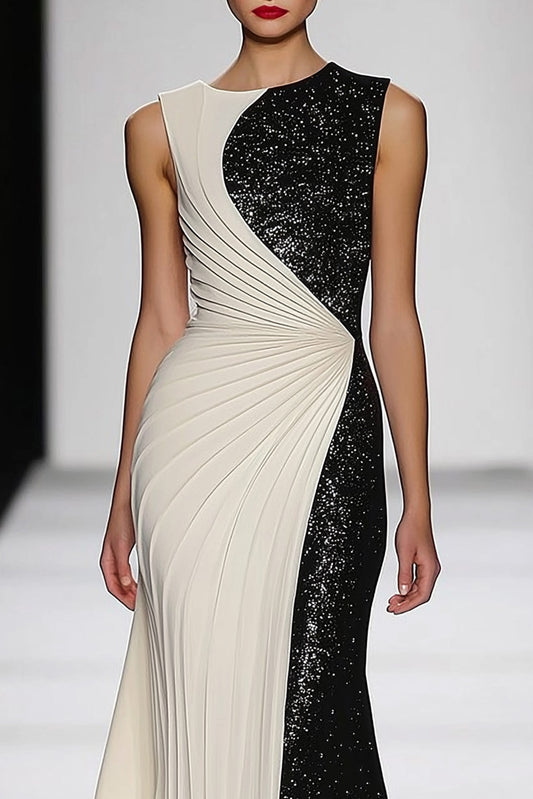 Evening Formal Dress Black White Sequin Sleeveless Floor-Length Gown