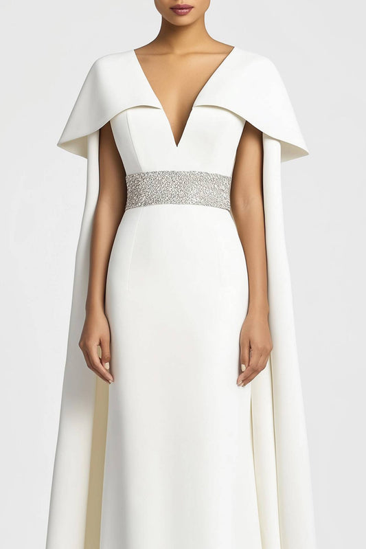 Formal Evening Dress White Deep V with Cape Rhinestone Belt Maxi Dress