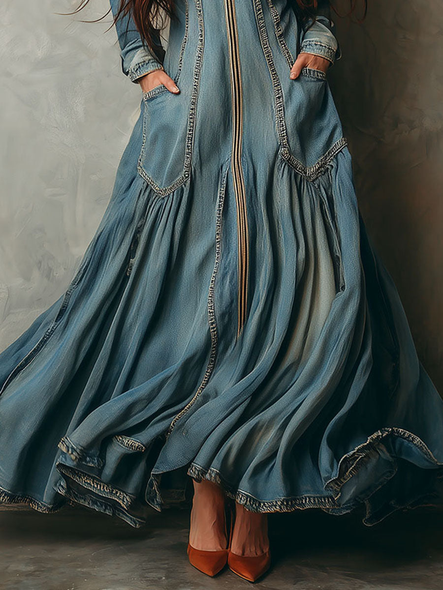 Elegant Light Blue Denim Flowing Tiered Skirt Maxi Dress