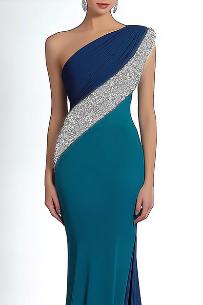 Formal Dress Blue Green One-Shoulder Silver Accented Floor-Length Gown