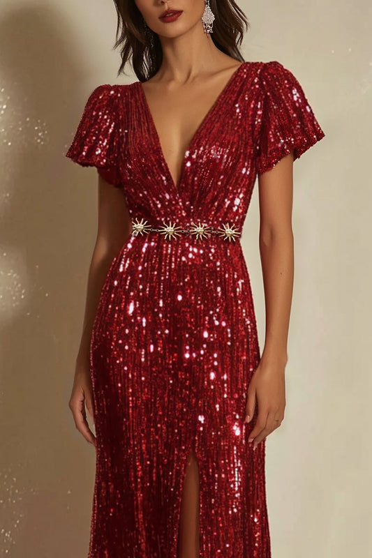 Evening Sequin Dress Red Deep V Slit Waist Chain Maxi Gown