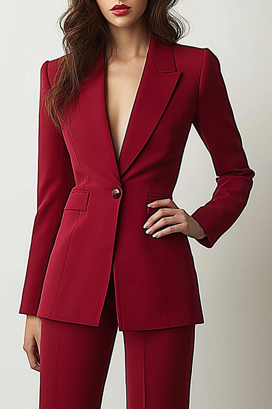 Formal Work Pants Suit Red Long Sleeve Flared Blazer Set