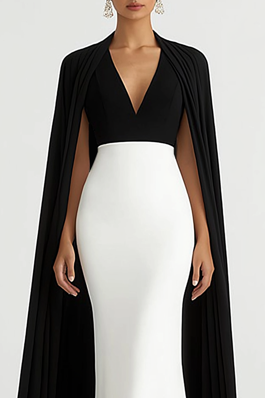 Evening Formal Dress Black White V-Neck Cape Floor-Length Gown
