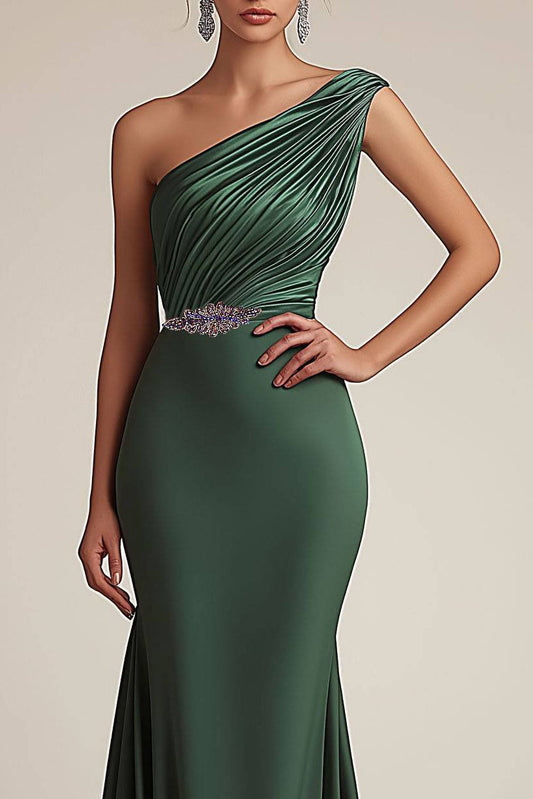 Formal Evening Dress Green One Shoulder Pleated Mermaid Floor-Length Gown