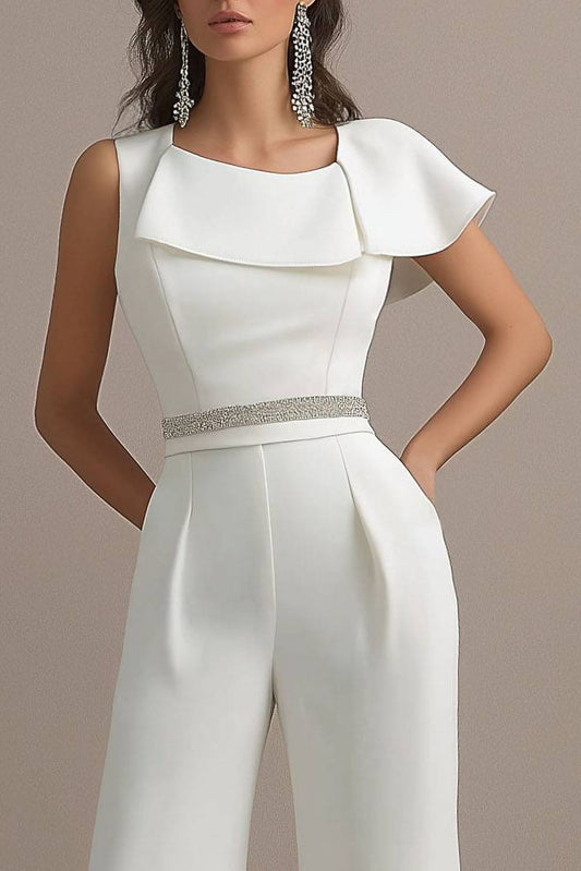 Evening Party Jumpsuit White One Shoulder Wide Leg Pants