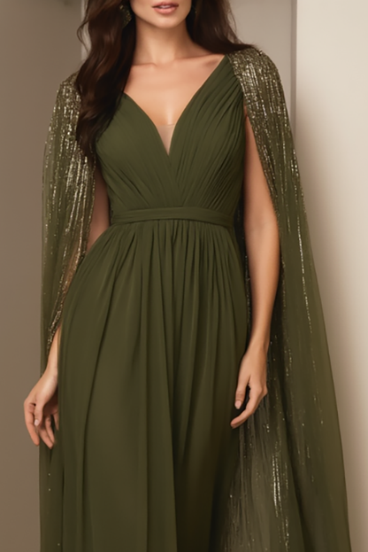Evening Formal Gown Green Cape Chiffon Floor-Length Dress