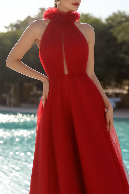 Evening Formal Halter Dress Red Tulle Floral Floor-Length Gown