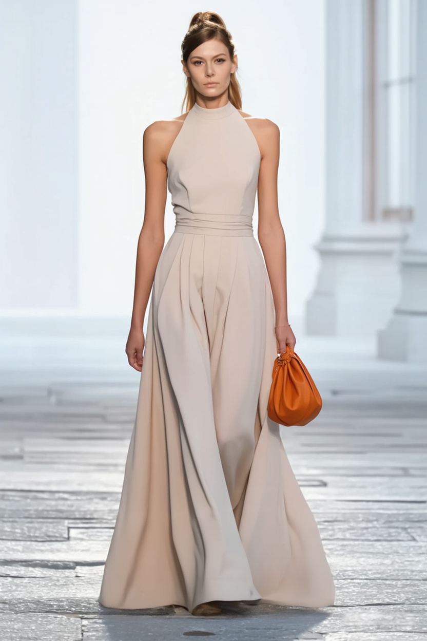 Evening Formal Halter Dress Apricot Floor-Length Dress