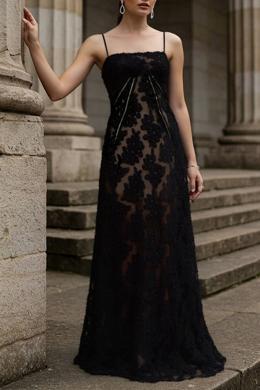 Formal Lace Dress Black Spaghetti Strap Floor-Length Dress