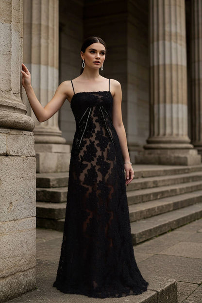 Formal Lace Dress Black Spaghetti Strap Floor-Length Dress