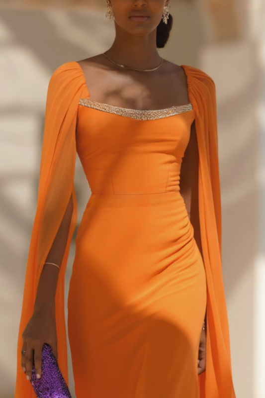 Evening Formal Cape Dress Orange Square Neck Colorblock Floor-Length Dress