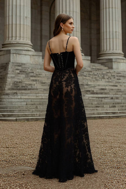 Formal Lace Dress Black Spaghetti Strap Floor-Length Dress