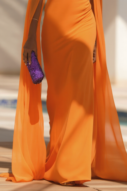 Evening Formal Cape Dress Orange Square Neck Colorblock Floor-Length Dress
