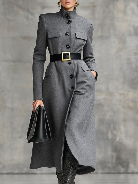 Elegant And Fashionable Gray Button Mid-Length Woolen Coat