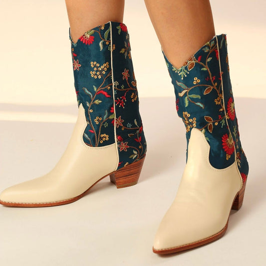 Beige and Teal Embroidered Pointed Toe Back Zipper Flower Cowboy Boots