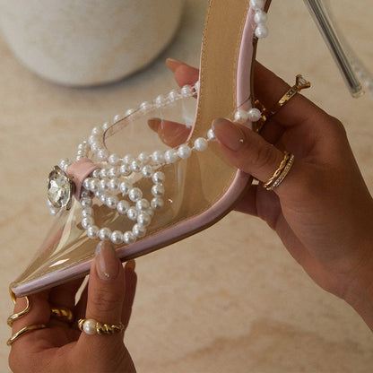 Elegant Pink Pointed Toe PVC Bow Heels Pearl Wrap Strap Wedding Shoes