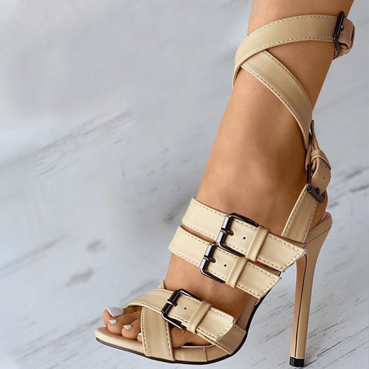 Beige Stiletto Shoes Peep Toe Multi-Strap Buckle High Heels Sandals