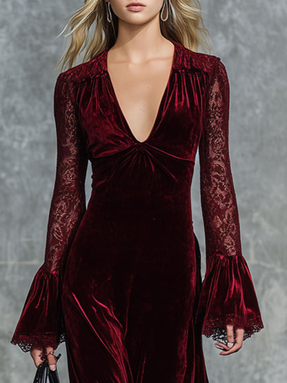 Fashion Retro Party Burgundy Velvet Lace Long Sleeve Maxi Dress