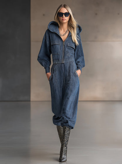 Fashionable Casual Blue Striped Denim Long-sleeved Wide-leg Jumpsuit